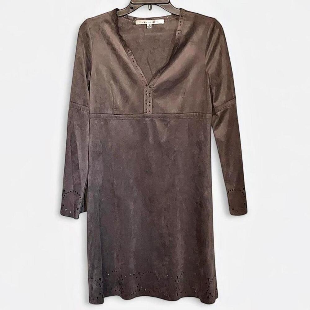 Max Studio Taupe Brown Faux Suede V-Neck Long Bell Sleeve Dress - Size S